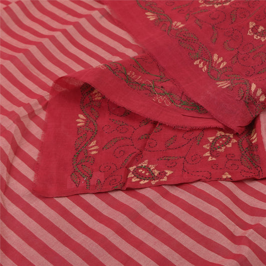 Sanskriti Vintage Long Dupatta/Stole Pure Cotton Red/Pink Hand Embroidery Kantha