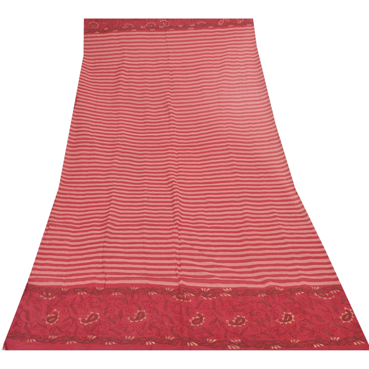 Sanskriti Vintage Long Dupatta/Stole Pure Cotton Red/Pink Hand Embroidery Kantha