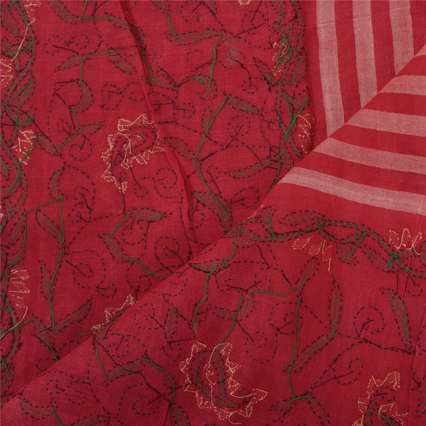 Sanskriti Vintage Long Dupatta/Stole Pure Cotton Red/Pink Hand Embroidery Kantha