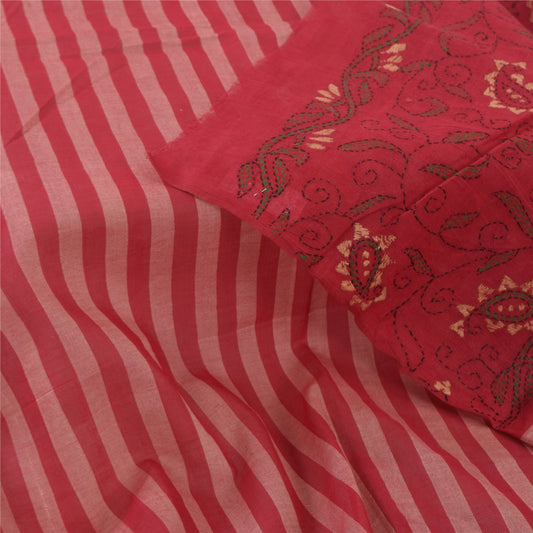 Sanskriti Vintage Long Dupatta/Stole Pure Cotton Red/Pink Hand Embroidery Kantha