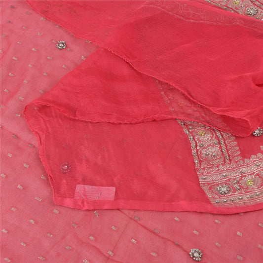 Sanskriti Vintage Long Dupatta/Stole Pure Georgette Pink Hand Beaded Woven Veil