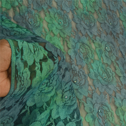 Sanskriti Vintage Long Dupatta/Stole Net Woven Embroidered Green Wrap Scarf Veil