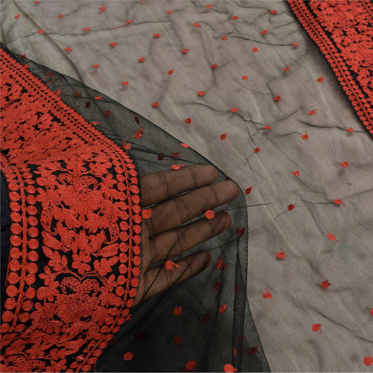 Sanskriti Vintage Long Dupatta/Stole Net Black Hand Embroidered Wrap Scarf Veil