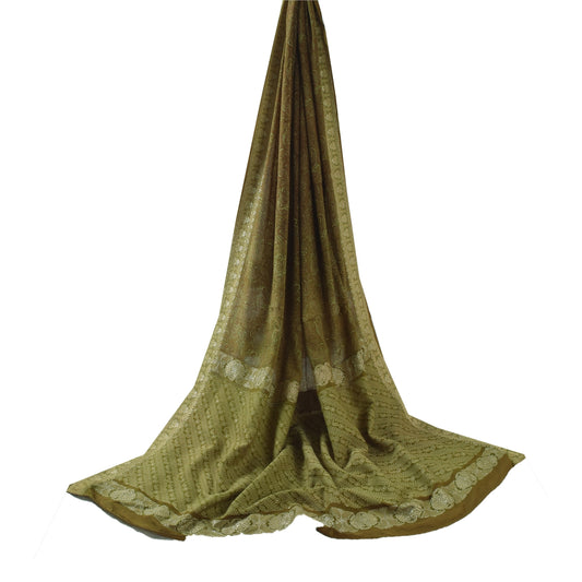 Sanskriti Vintage Long Dupatta/Stole Pure Silk Green Printed Hand Woven Veil