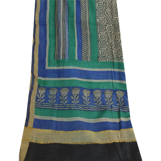 Sanskriti Vintage Blå/Grå Dupatta Lange Stola Ren Silke Trykte Premium Tørklæder