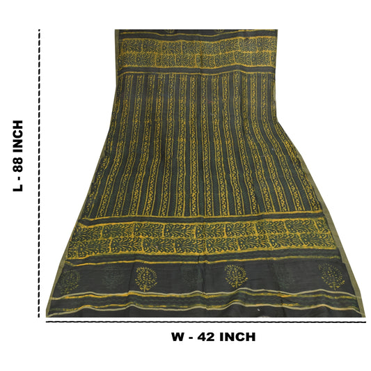 Sanskriti Vintage Long Dupatta/Scarf Green & Yellow Cotton Silk Hand Block Printed Stole Veil Used Head Stole Neck Head Stole Shawl