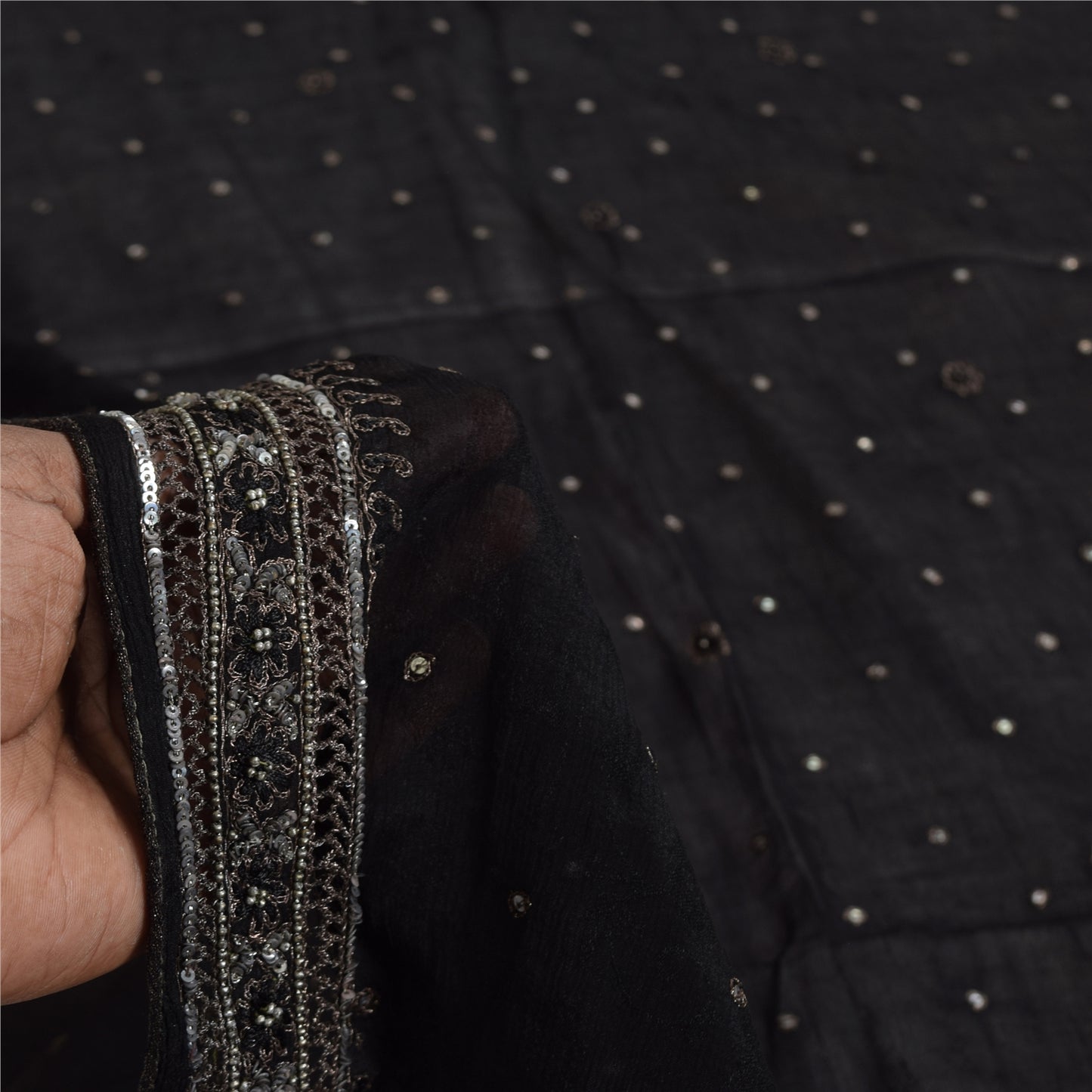 Sanskriti Vintage Long Dupatta/Stole Pure Georgette Black Hand Beaded Scarf Veil