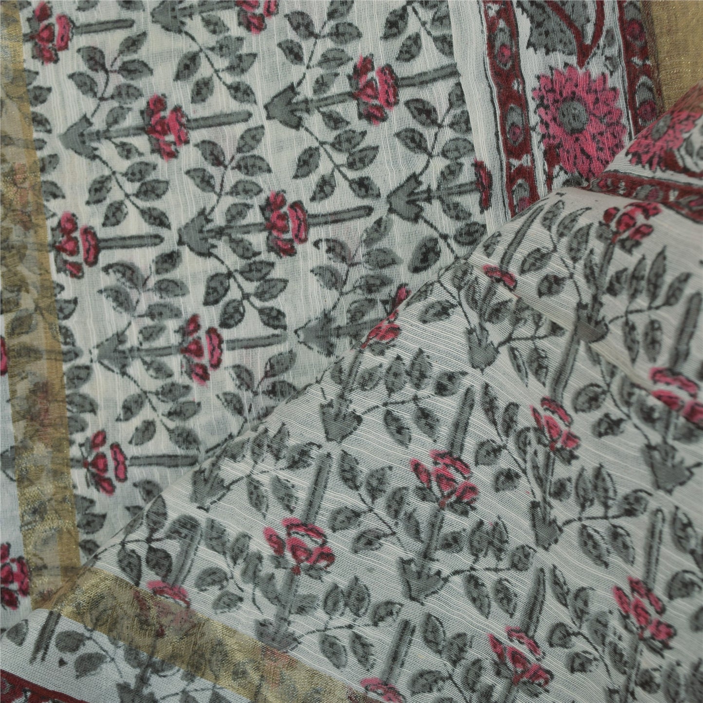 Sanskriti Vintage Long Dupatta/Stole Cotton Silk White Hand Block Printed Veil