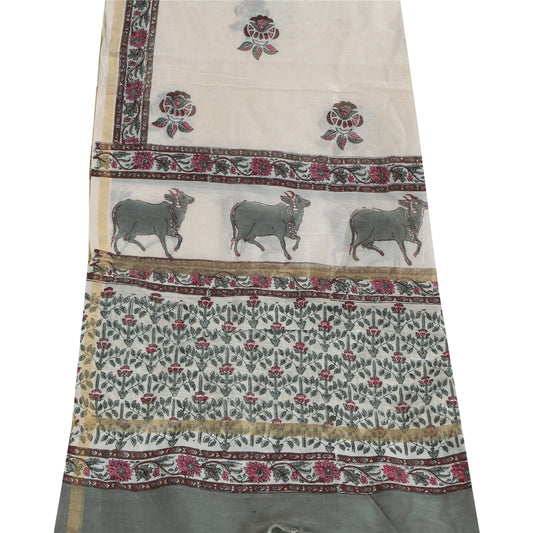 Sanskriti Vintage Long Dupatta/Stole Cotton Silk White Hand Block Printed Veil