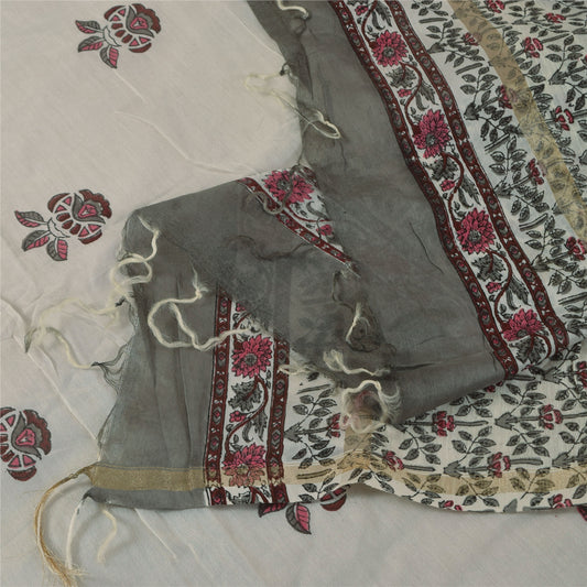Sanskriti Vintage Long Dupatta/Stole Cotton Silk White Hand Block Printed Veil