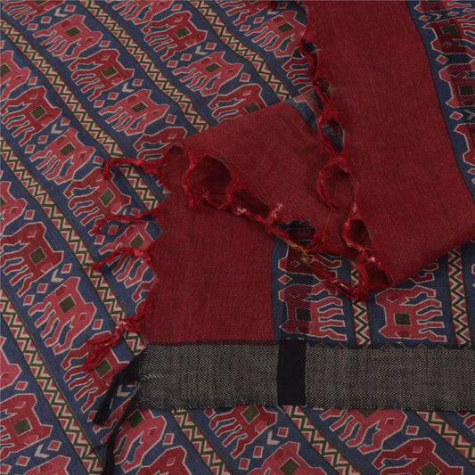 Sanskriti Vintage Long Dupatta/Stole Pure Woolen Blue/Red Elephant printed Veil