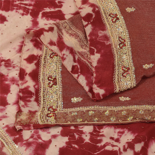 Sanskriti Vintage Red Dupatta Long Stole Pure Silk Hand Beaded Batik Wrap Veil