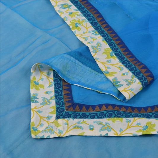 Sanskriti Vintage Long Dupatta/Stole Pure Georgette Blue Solid/Patch Scarf Veil