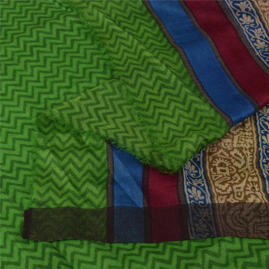 Sanskriti Vintage Long Dupatta/Stole Pure Woolen Green Block Printed Scarf Veil