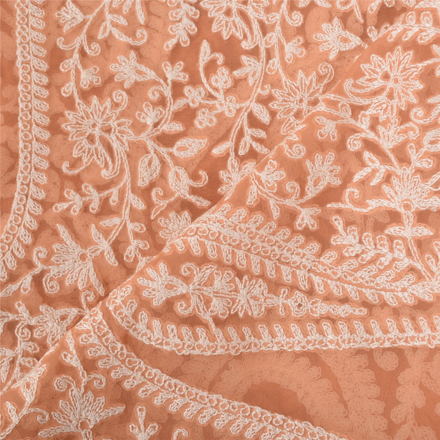 Sanskriti Vintage Long Dupatta/Stole Peach Georgette Hand Embroidered Aari Veil