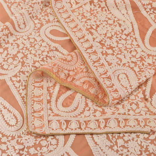 Sanskriti Vintage Long Dupatta/Stole Peach Georgette Hand Embroidered Aari Veil