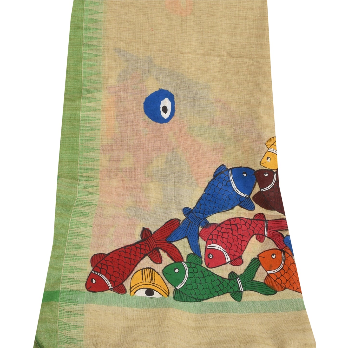 Sanskriti Vintage Long Dupatta/Stole Pure Cotton Cream Hand Painted Scarf Veil