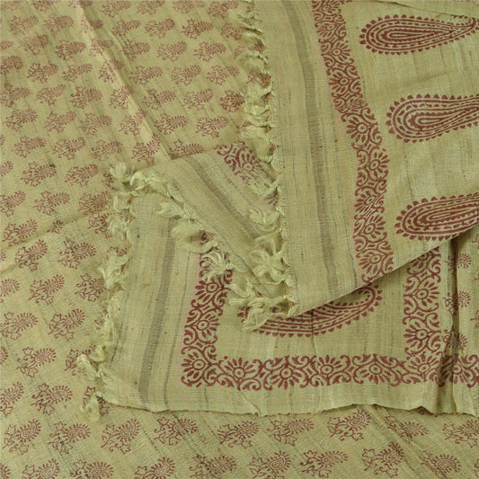 Sanskriti Vintage Long Dupatta/Stole Pure Silk Green Hand Block Printed WrapVeil