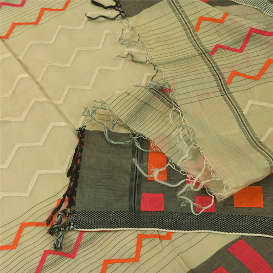 Sanskriti Vintage Ivory Dupatta Long Stole Cotton Silk Embroidered Wrap Veil