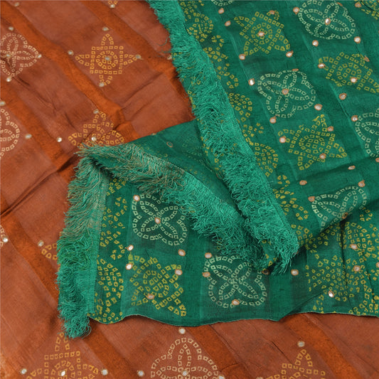 Sanskriti Vintage Brown/Green Dupatta Long Stole Pure Silk Bandhani Printed Veil