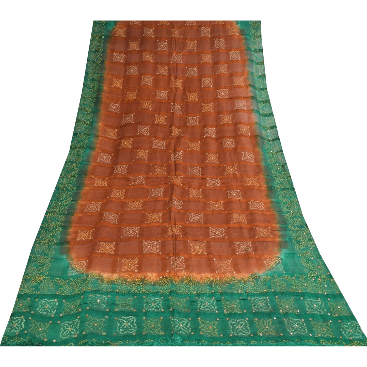 Sanskriti Vintage Brown/Green Dupatta Long Stole Pure Silk Bandhani Printed Veil
