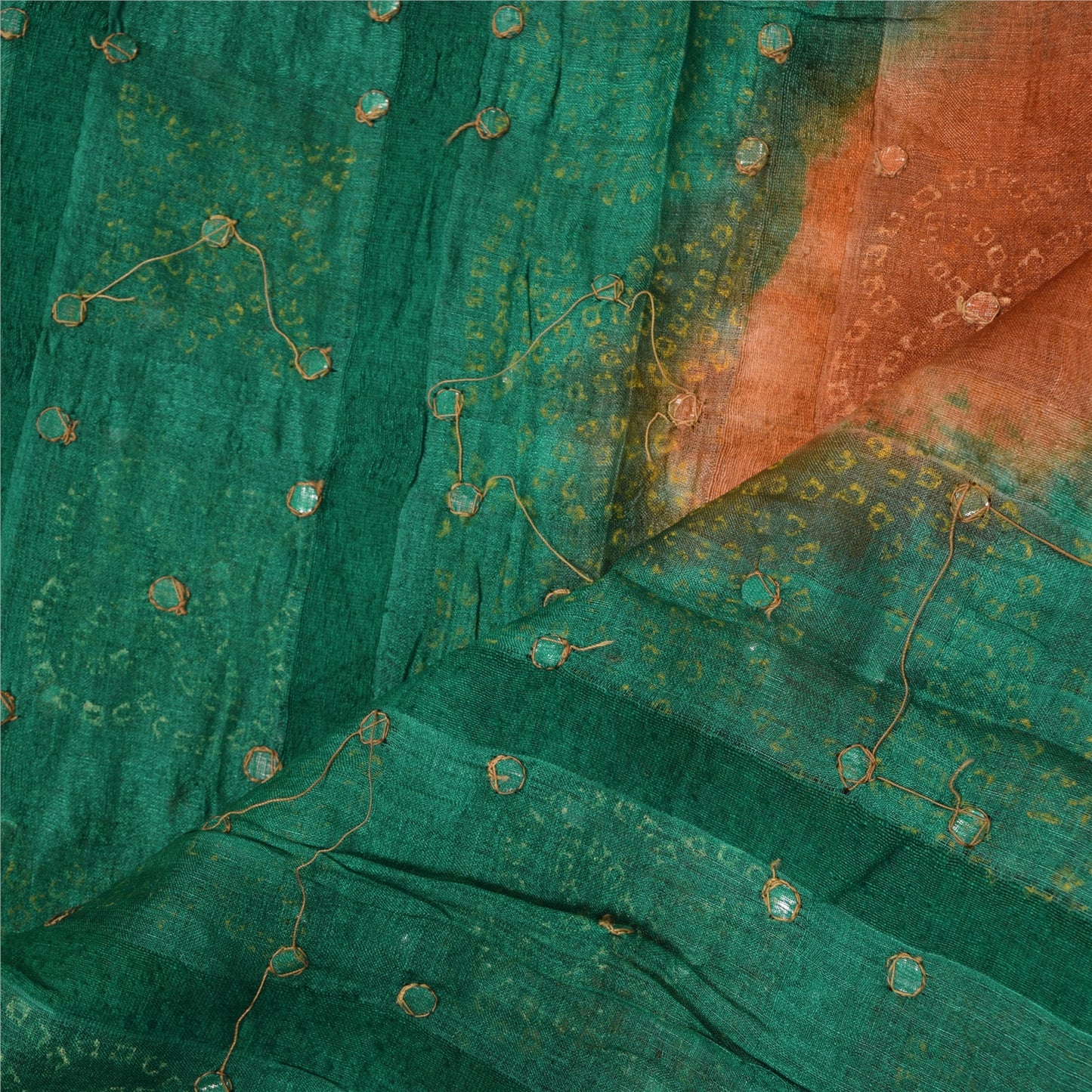 Sanskriti Vintage Brown/Green Dupatta Long Stole Pure Silk Bandhani Printed Veil