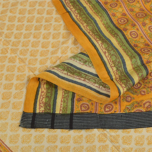 Sanskriti Vintage cream/Yellow Dupatta Long Stole Pure Cotton Printed Wrap Veil