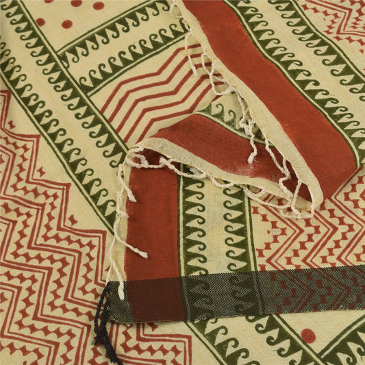 Sanskriti Vintage Long Dupatta/Stole Pure Woolen Cream Hand Block Printed Veil