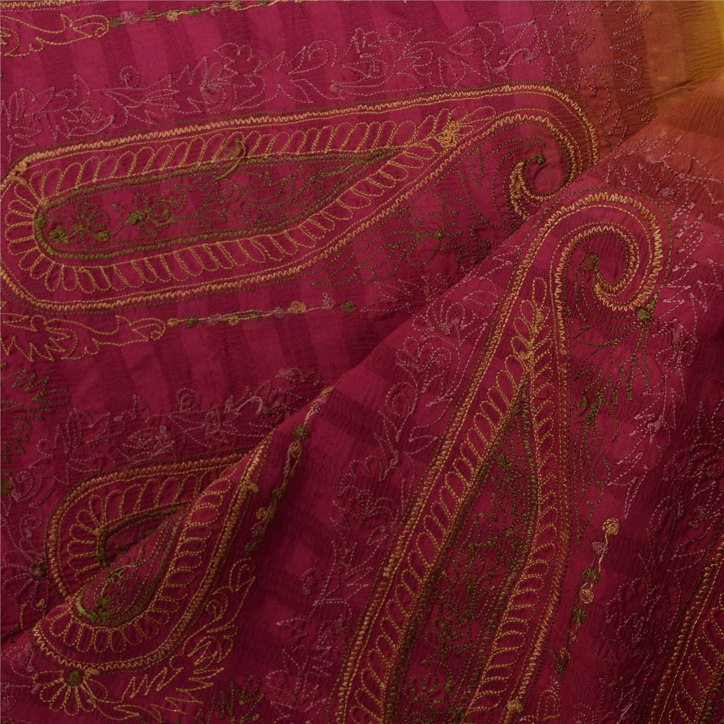 Sanskriti Vintage Long Dupatta/Stole Pure Silk Embroidery Woven Green Scarf Veil