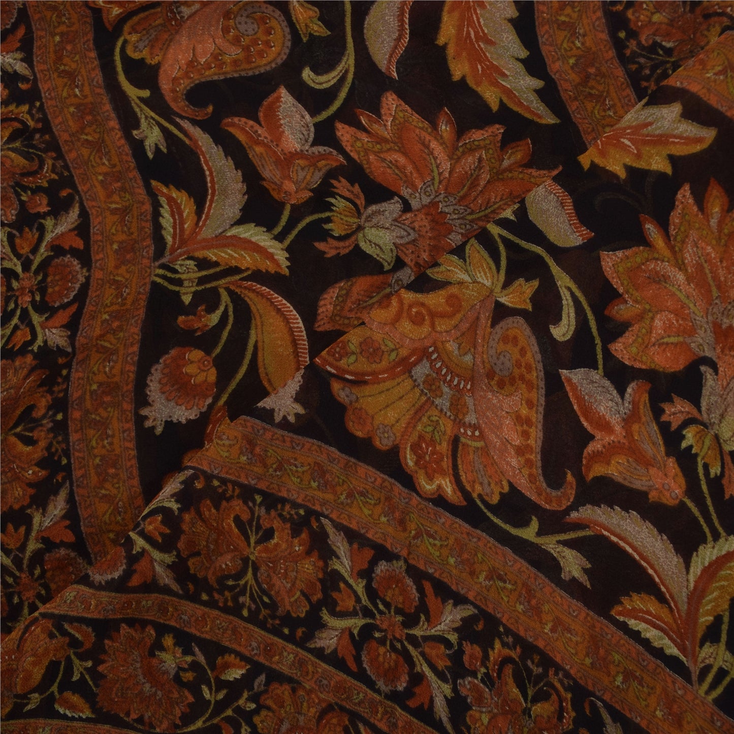 Sanskriti Vintage Long Dupatta/Stole Pure Georgette Cream/Orange Printed Veil