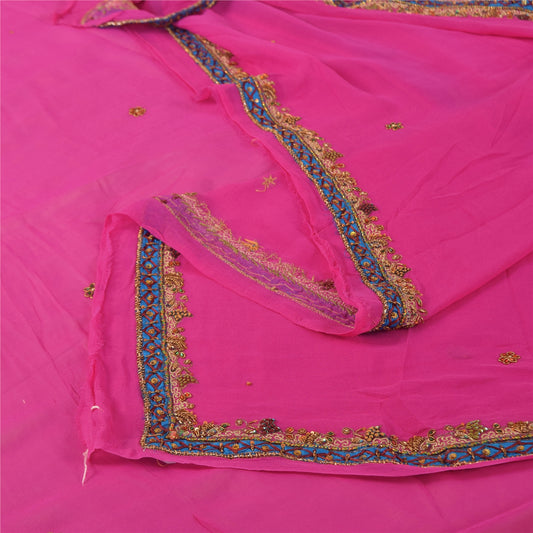 Sanskriti Vintage Pink Dupatta Long Stole Pure Georgette Hand Beaded Wrap Veil