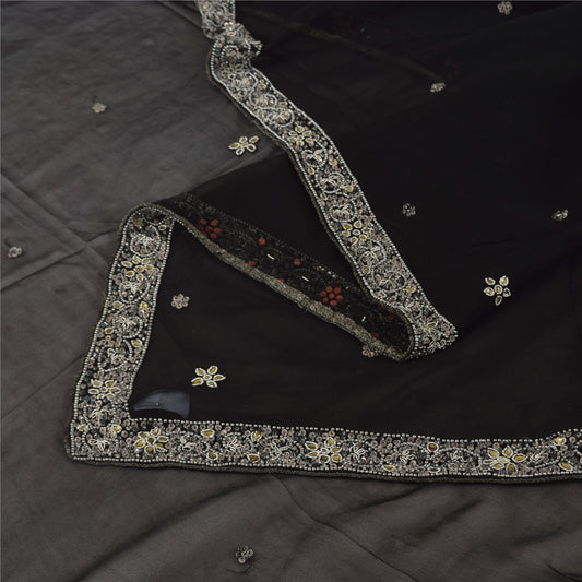 Sanskriti Vintage Black Dupatta Long Stole Pure Georgette Hand Beaded Wrap Veil