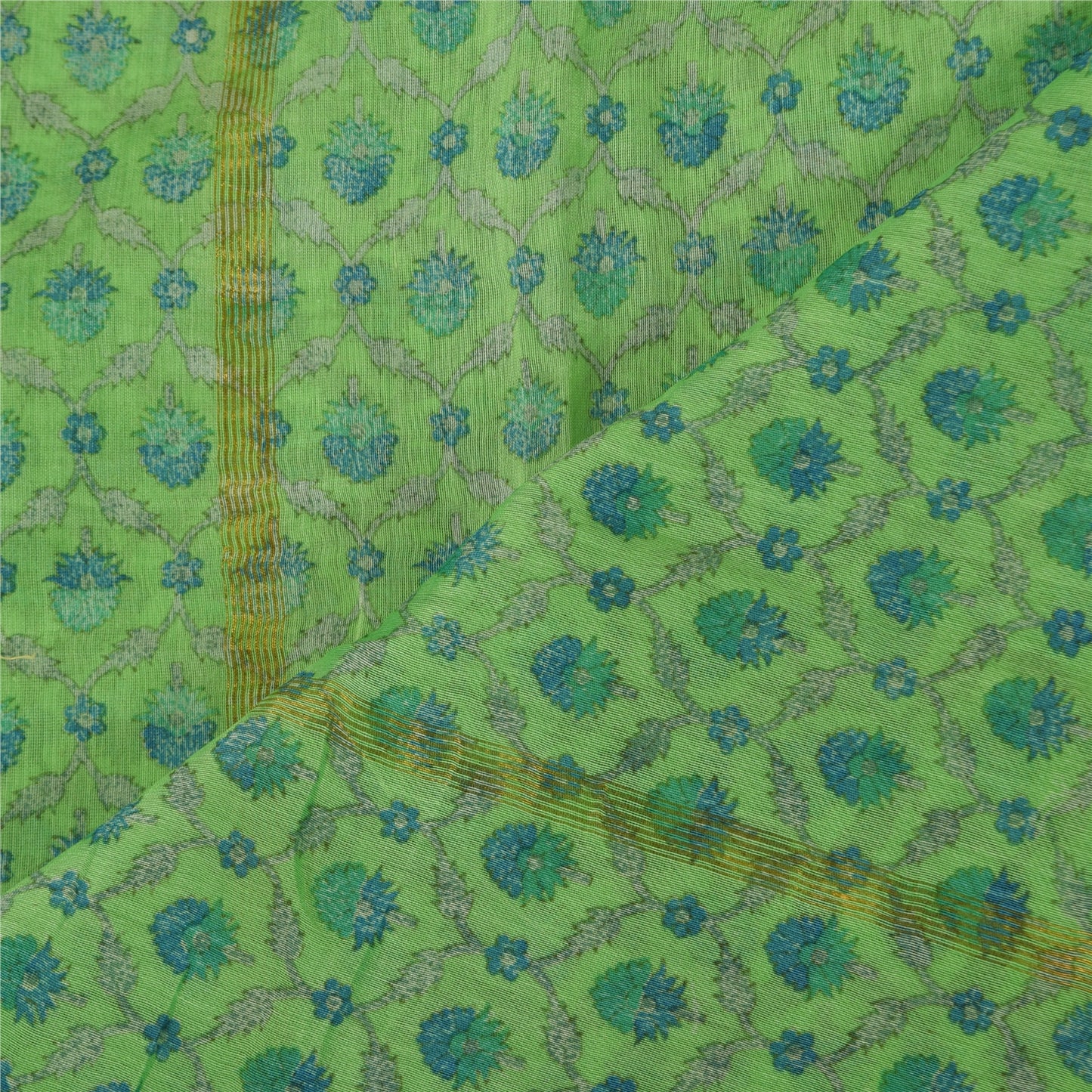 Sanskriti Vintage Long Dupatta/Stole Pure Chiffon Green Printed Zari Woven Scarf