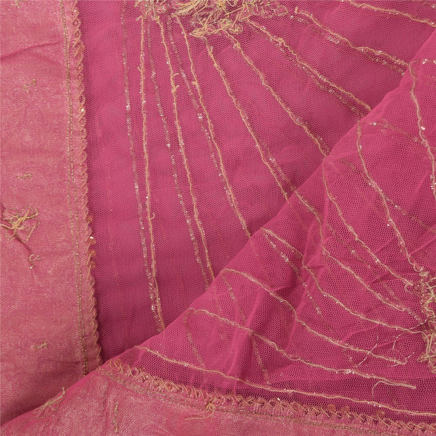 Sanskriti Vintage Long Dupatta/Stole Net Mesh Pink Zardozi Hand Bead Scarf Veil