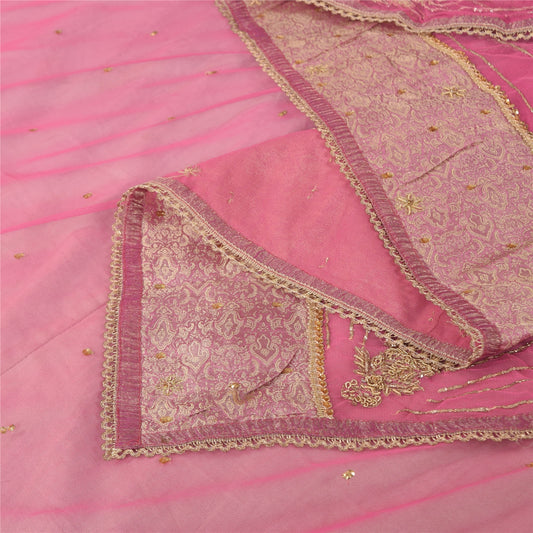 Sanskriti Vintage Long Dupatta/Stole Net Mesh Pink Zardozi Hand Bead Scarf Veil