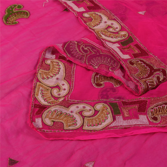Sanskriti Vintage Long Dupatta/Stole Pure Chiffon Pink Hand Beaded Applique Work