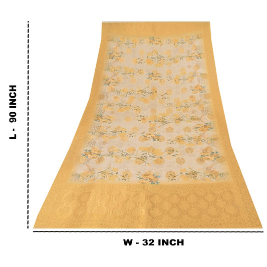 Sanskriti Vintage Ivory/Yellow Dupatta Long Stole Pure Silk Woven Printed Hijab