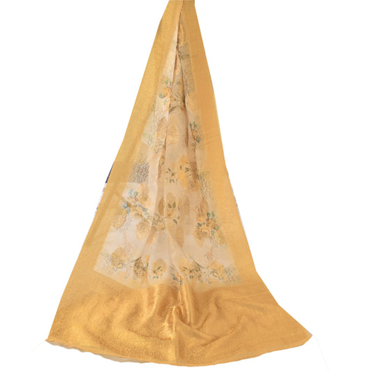 Sanskriti Vintage Ivory/Yellow Dupatta Long Stole Pure Silk Woven Printed Hijab