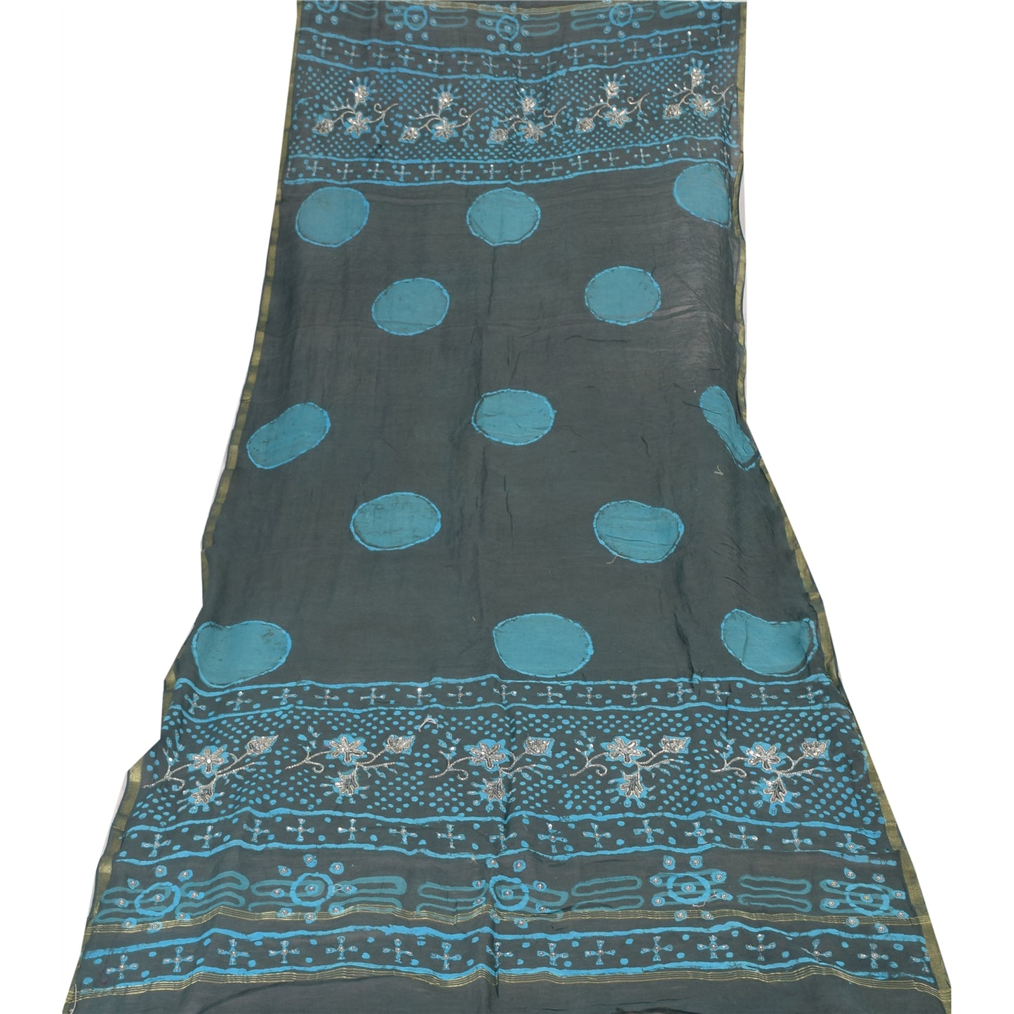 Sanskriti Vintage Black Dupatta Long Stole Pure Silk Glass Hand Beaded Printed Veil