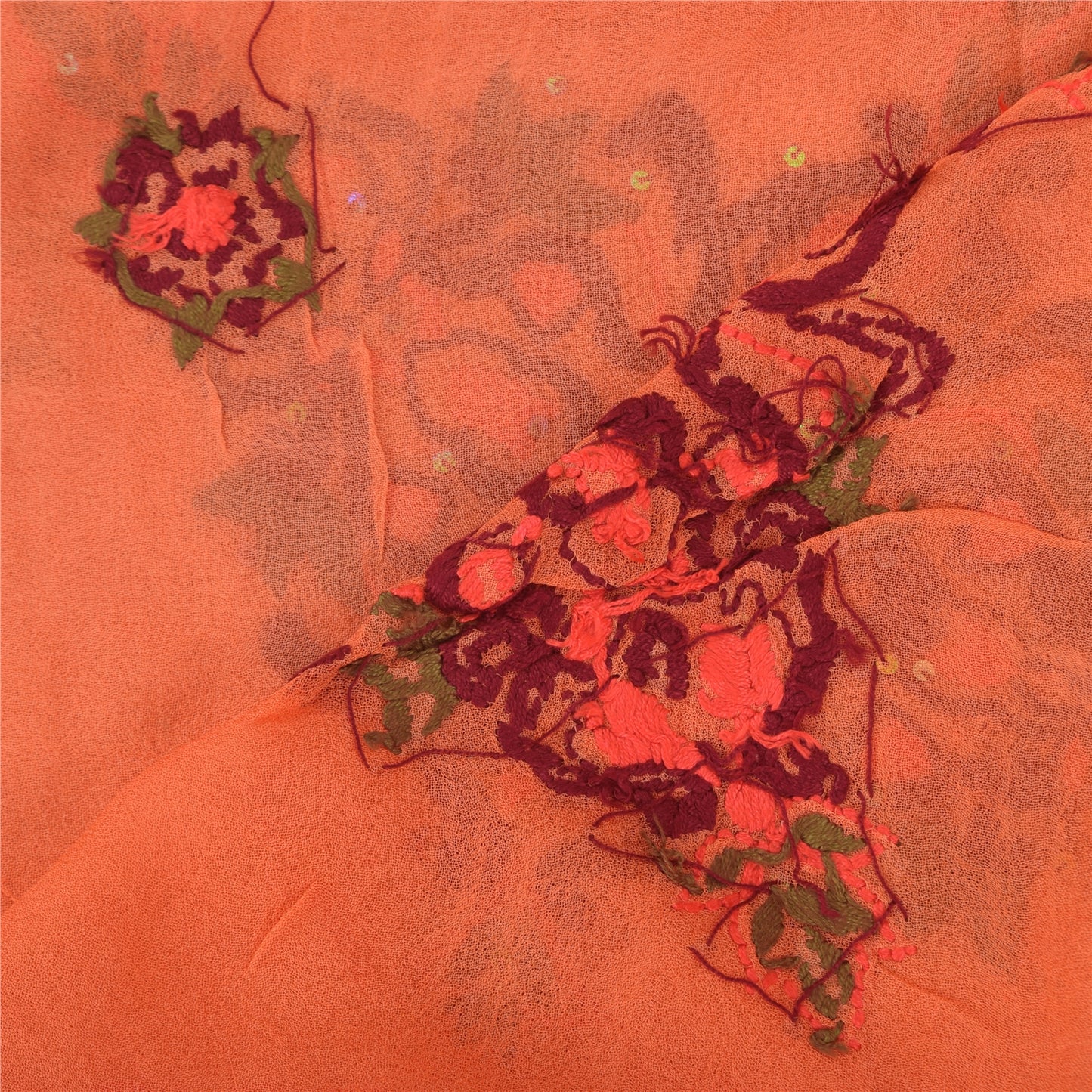 Sanskriti Vintage Orange Dupatta Long Stole Pure Georgette Embroidered Wrap Veil