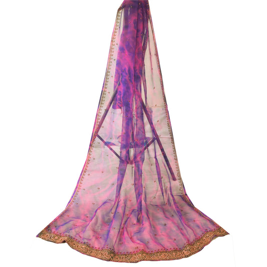 Sanskriti Vintage Long Dupatta/Stole Pure Chiffon Pink/Blue Tie-Dye Embroidered