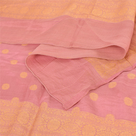 Sanskriti Vintage Long Dupatta/Stole Pure Silk Pink Golden Woven Scarf Wrap Veil