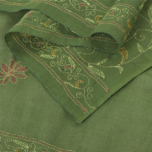 Sanskriti Vintage Green Dupatta Long Stole Pure Cotton Hand Embroidered Scarves