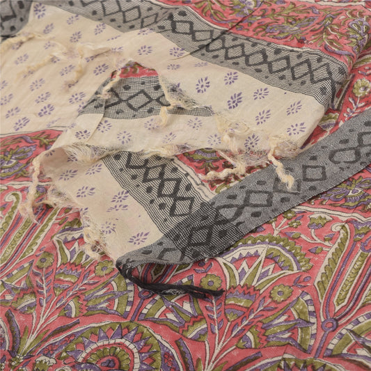 Sanskriti Vintage Ivory/Red Dupatta Long Stole Cotton Silk Printed Woven Scarves