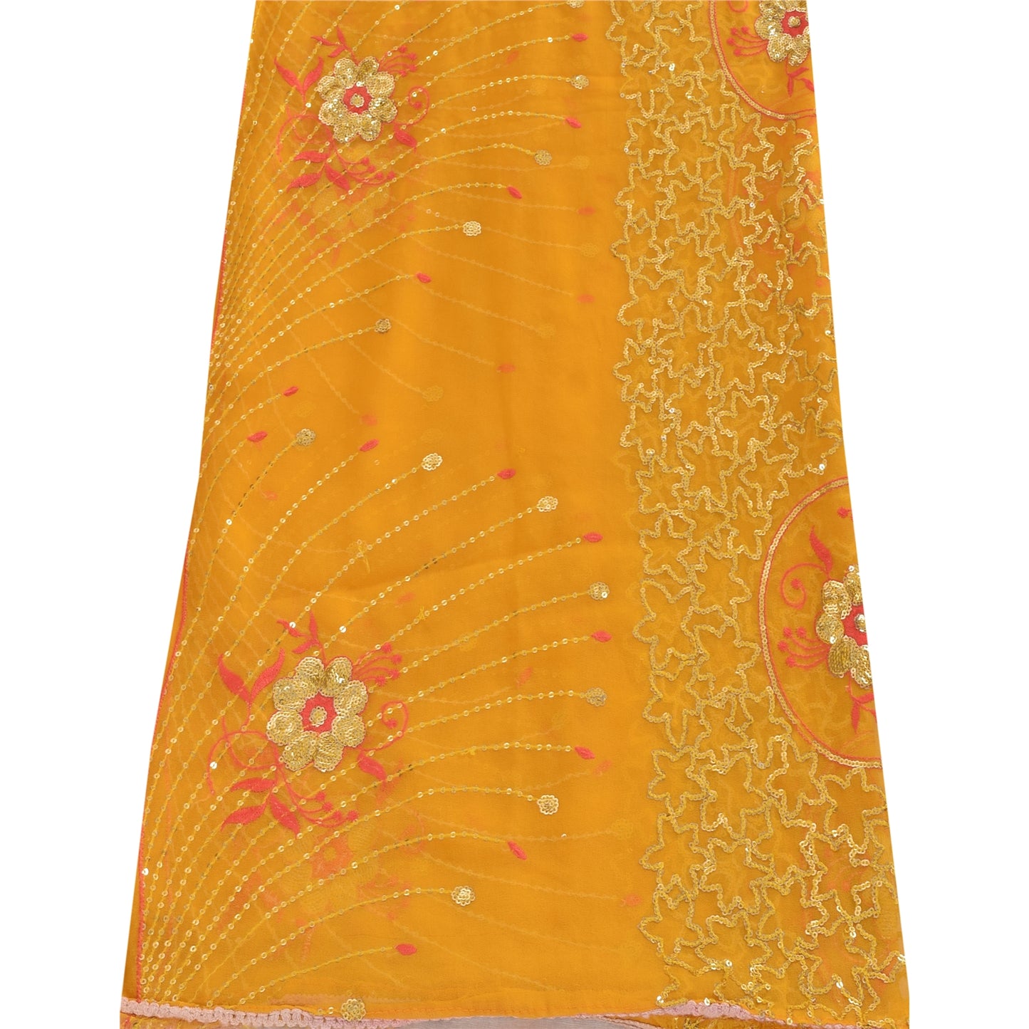Sanskriti New Yellow Dupatta Long Scarf Georgette Hand Beaded Floral Wrap Veil