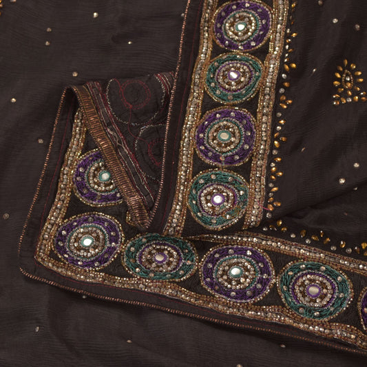 Sanskriti Vintage Black Soft Pure Chiffon Silk Dupatta Stole Hand Beaded Scarf