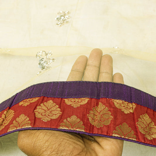 Sanskriti Vintage Yellow Net Dupatta Stole Hand Embroidered Dabka-Lace Work Veil