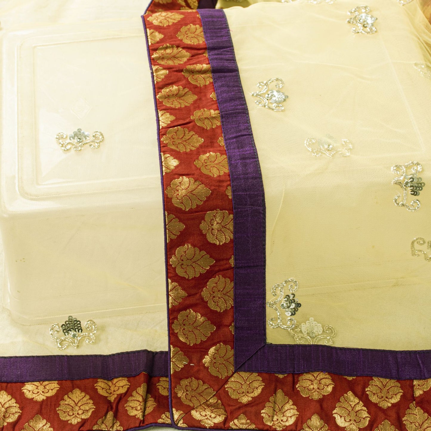 Sanskriti Vintage Yellow Net Dupatta Stole Hand Embroidered Dabka-Lace Work Veil