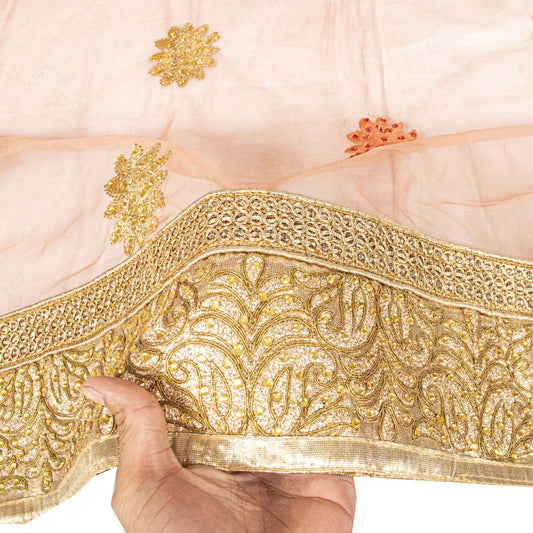 Sanskriti Vintage Peach Net Dupatta Stole Embroidered Patch Stone Neck Head Veil