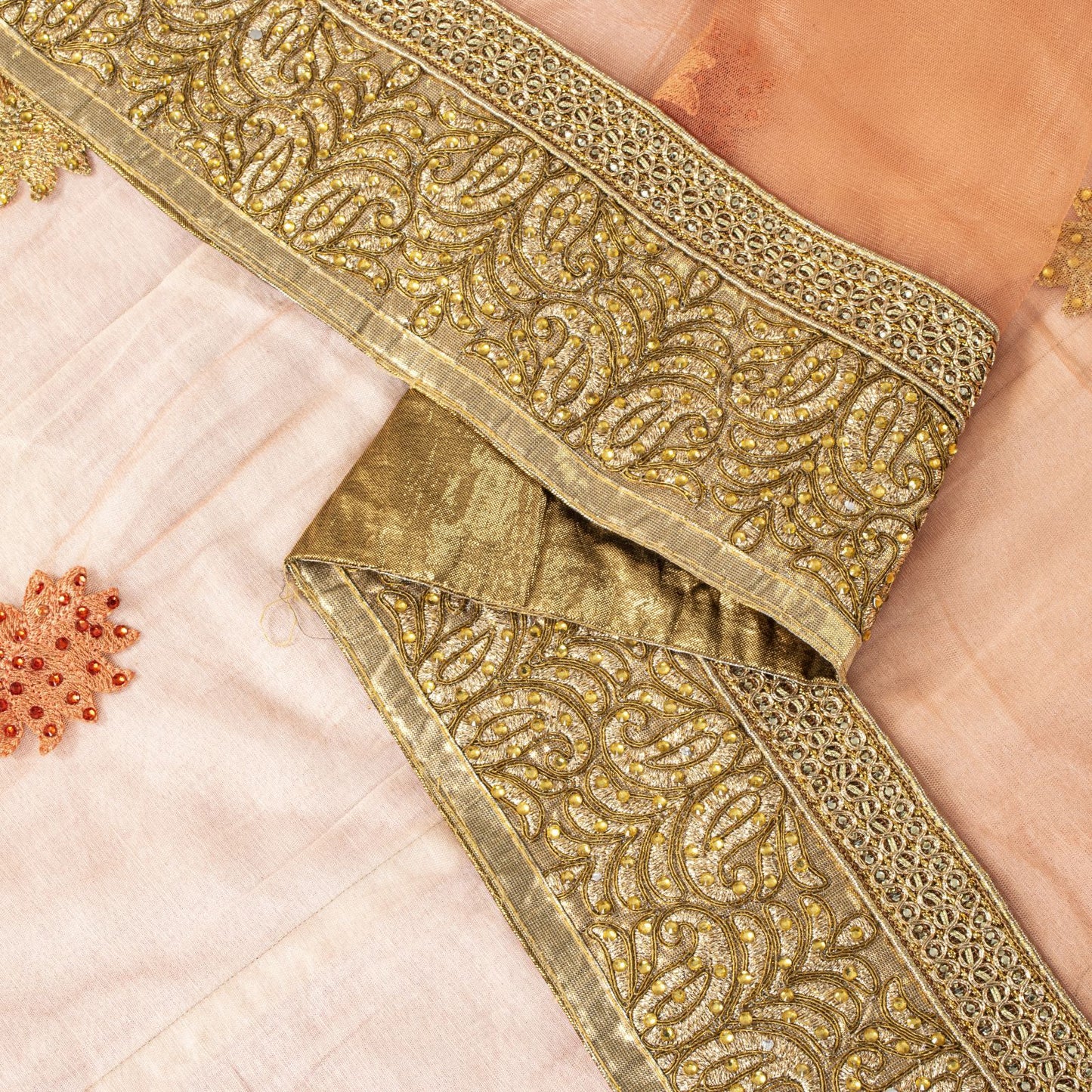 Sanskriti Vintage Peach Net Dupatta Stole Embroidered Patch Stone Neck Head Veil